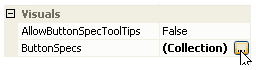 Visual Studio properties window showing the ButtonSpecs collection property on a KryptonHeader control
