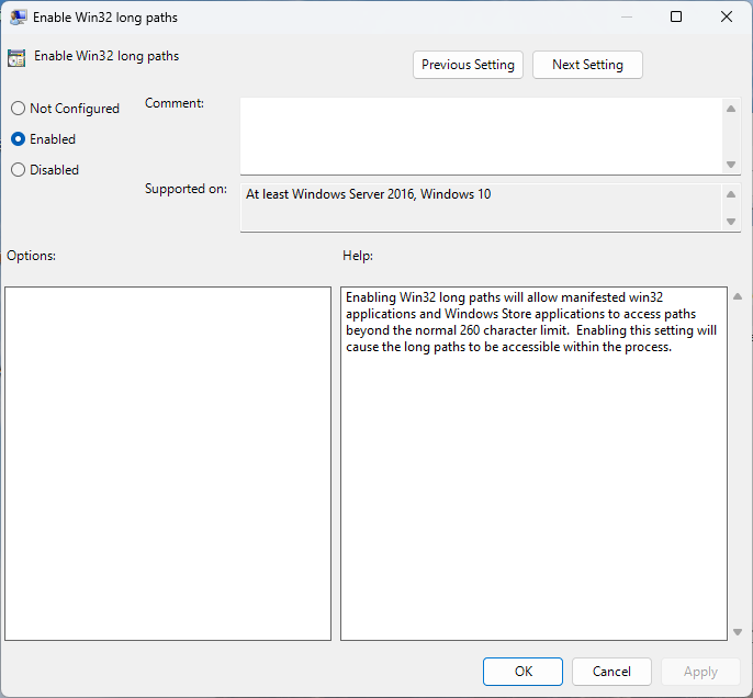 Enable Win32 Long paths policy dialog with Enabled selected