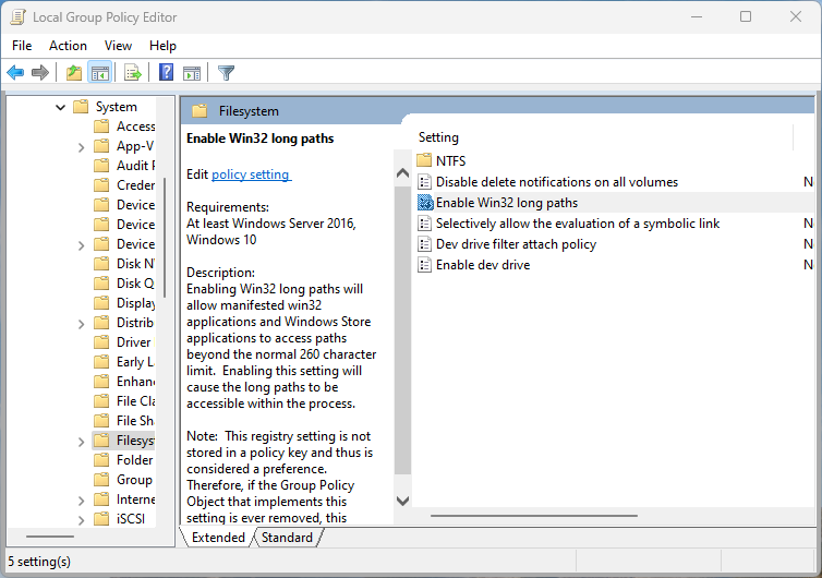 Group Policy Editor: Computer Configuration, Administrative Templates, System, Filesystem, with Enable Win32 Long paths highlighted